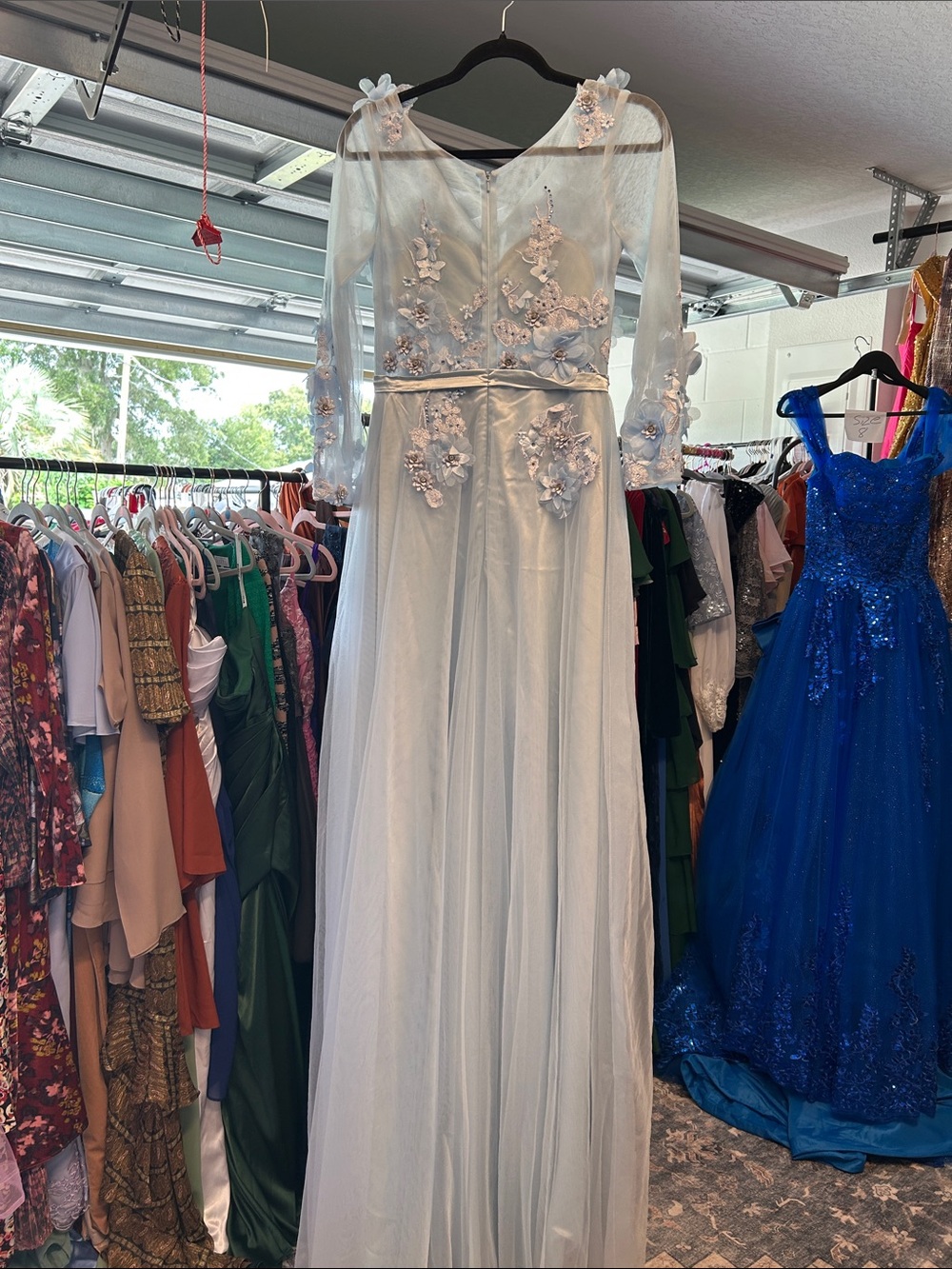 Light Blue Floral Appliqué Long Sleeve Evening Dress